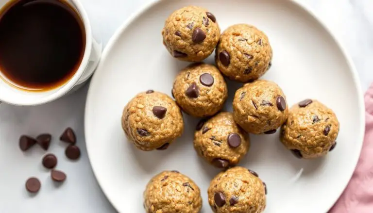 4-Ingredient No-Bake Chocolate Chip Protein Breakfast Balls arranged on a white plate with a cup of coffee nearby