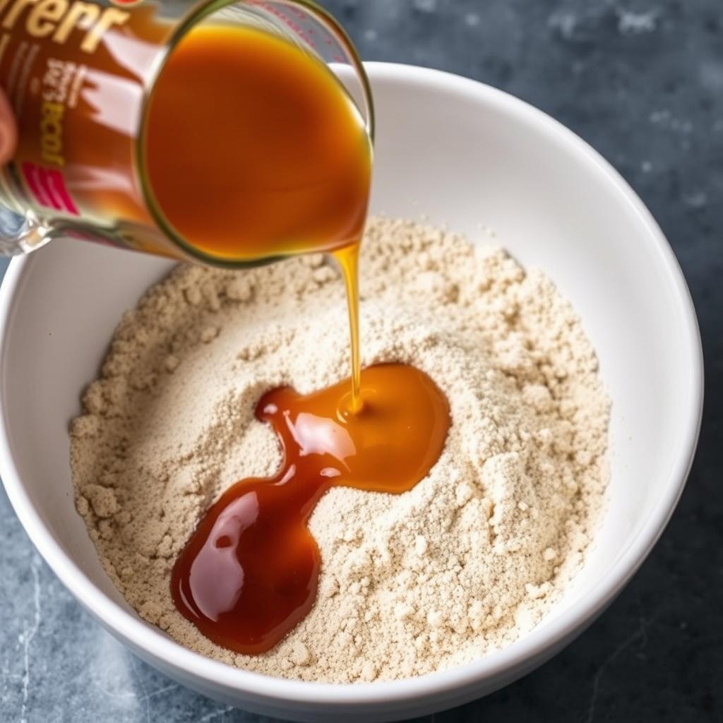 Adding wet ingredients to the dry mixture for 4-Ingredient No-Bake Chocolate Chip Protein Breakfast Balls Adding wet ingredients to the dry mixture for 4-Ingredient No-Bake Chocolate Chip Protein Breakfast Balls