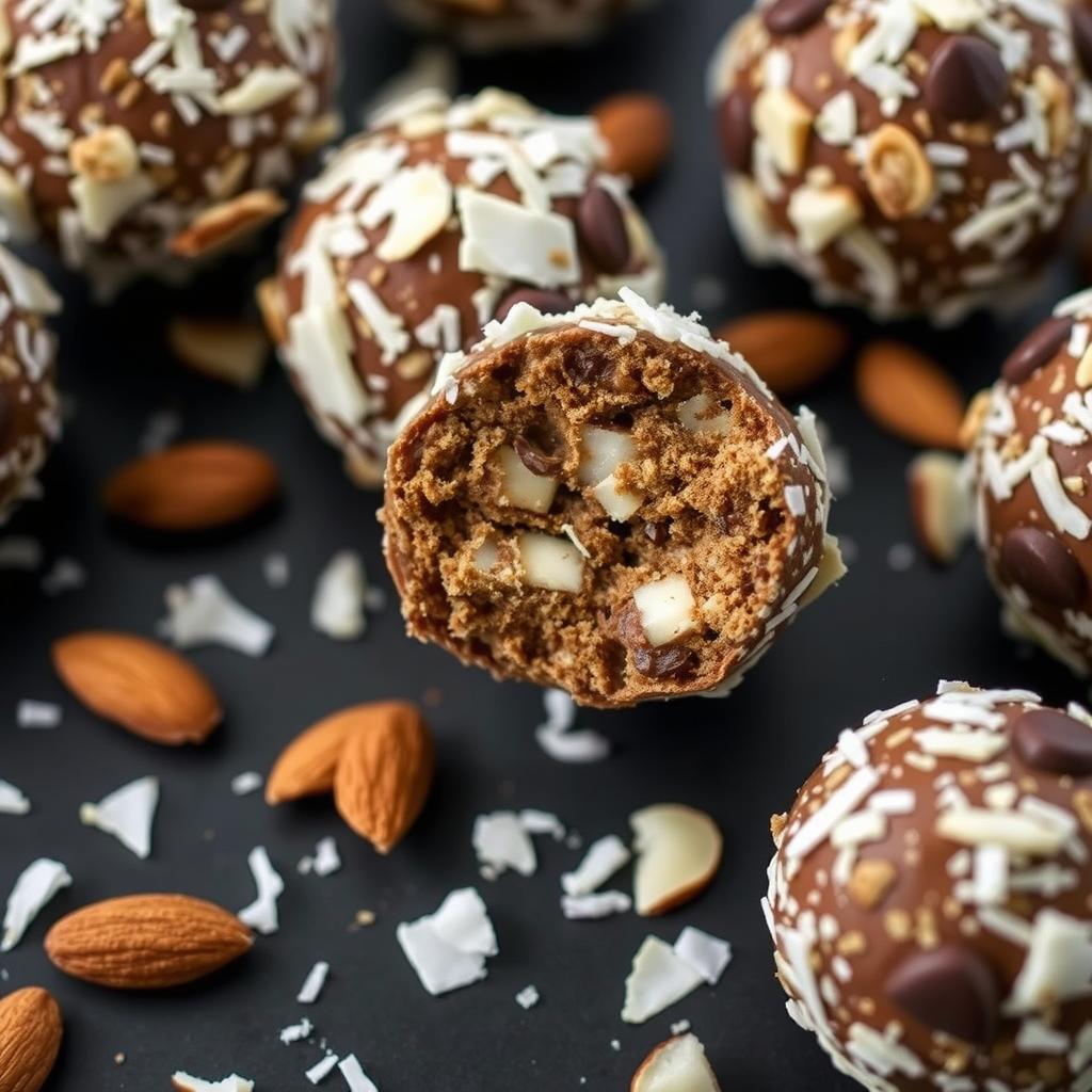 Almond Joy High Protein Energy Balls with coconut flakes and almonds