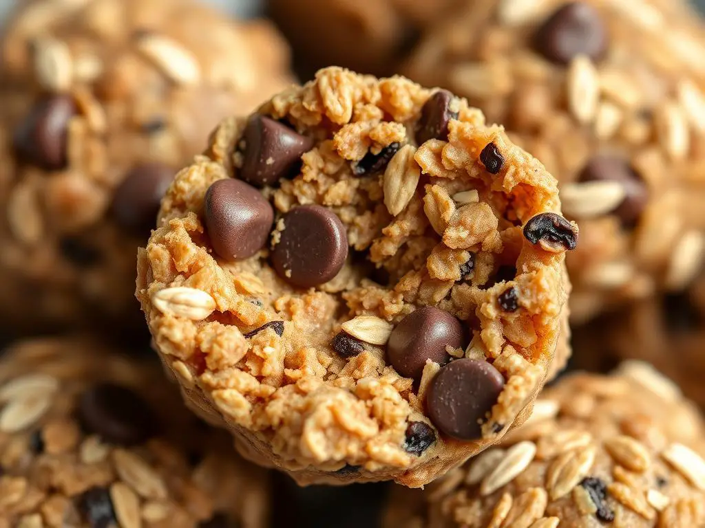 Close-up of 4-Ingredient No-Bake Chocolate Chip Protein Breakfast Balls showing texture with visible oats and chocolate chips Close-up of 4-Ingredient No-Bake Chocolate Chip Protein Breakfast Balls showing texture with visible oats and chocolate chips