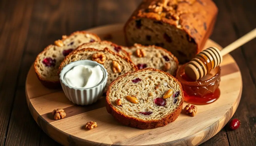 Costco cranberry walnut bread served with cream cheese and honey Costco cranberry walnut bread served with cream cheese and honey