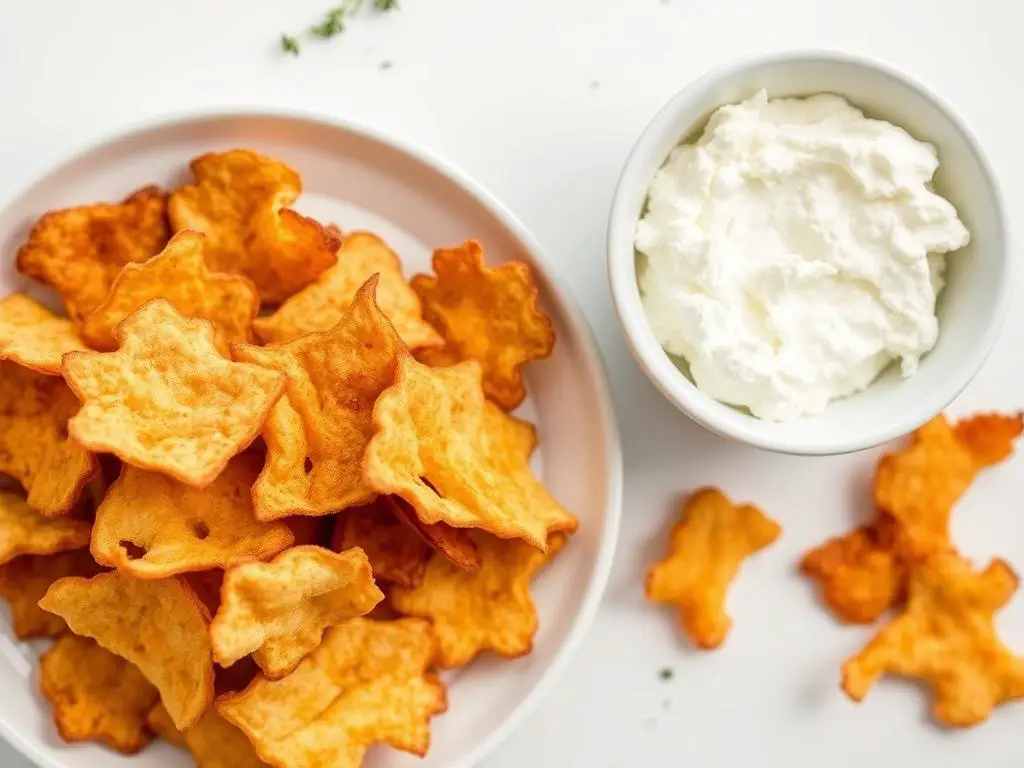 Cottage cheese in a bowl next to finished crispy low-carb cottage cheese chips