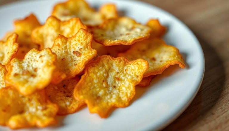 Crispy Low-Carb Cottage Cheese Chips on a white plate with seasoning