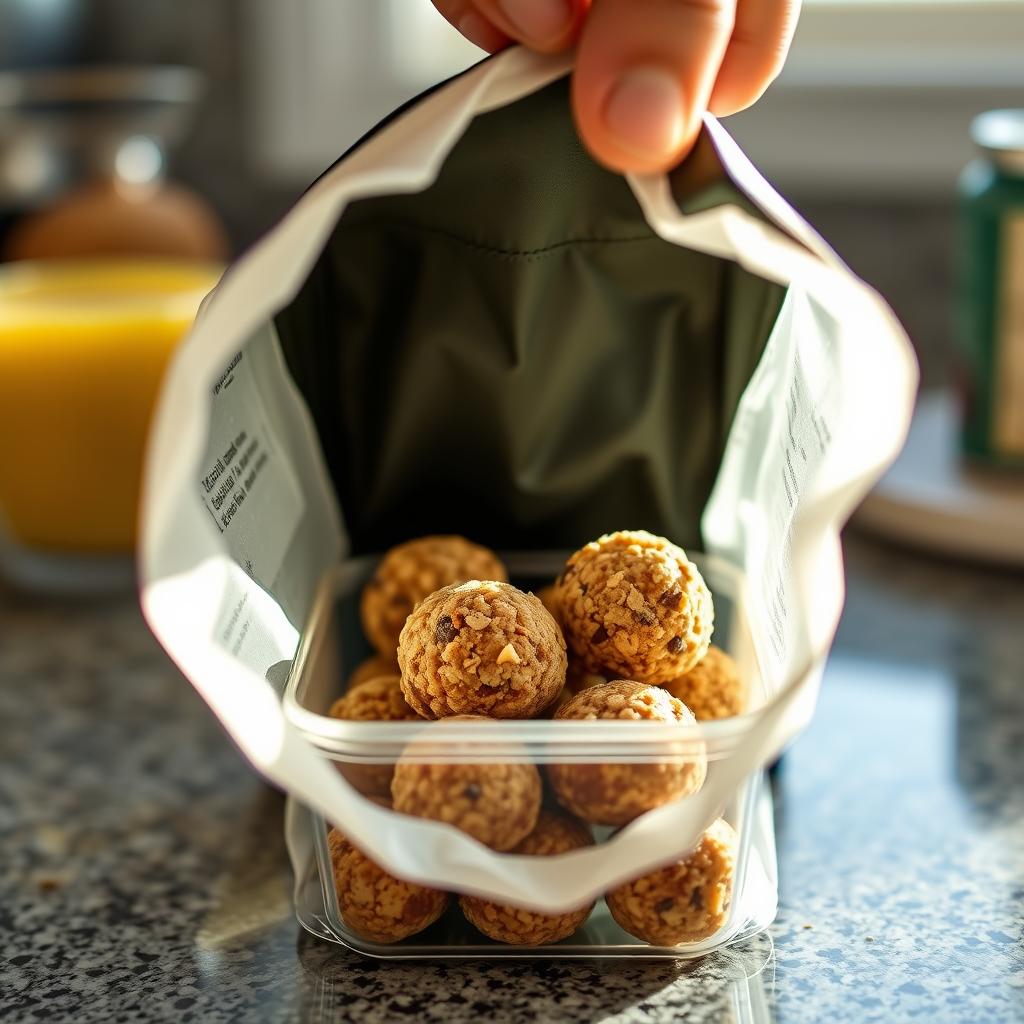 Energy balls in a portable container being packed in a bag for breakfast on the go
