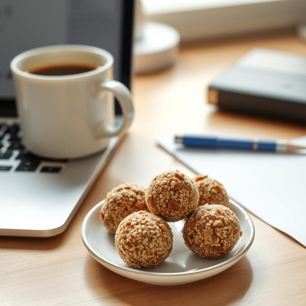 Energy balls on a small plate next to a laptop showing afternoon work setting
