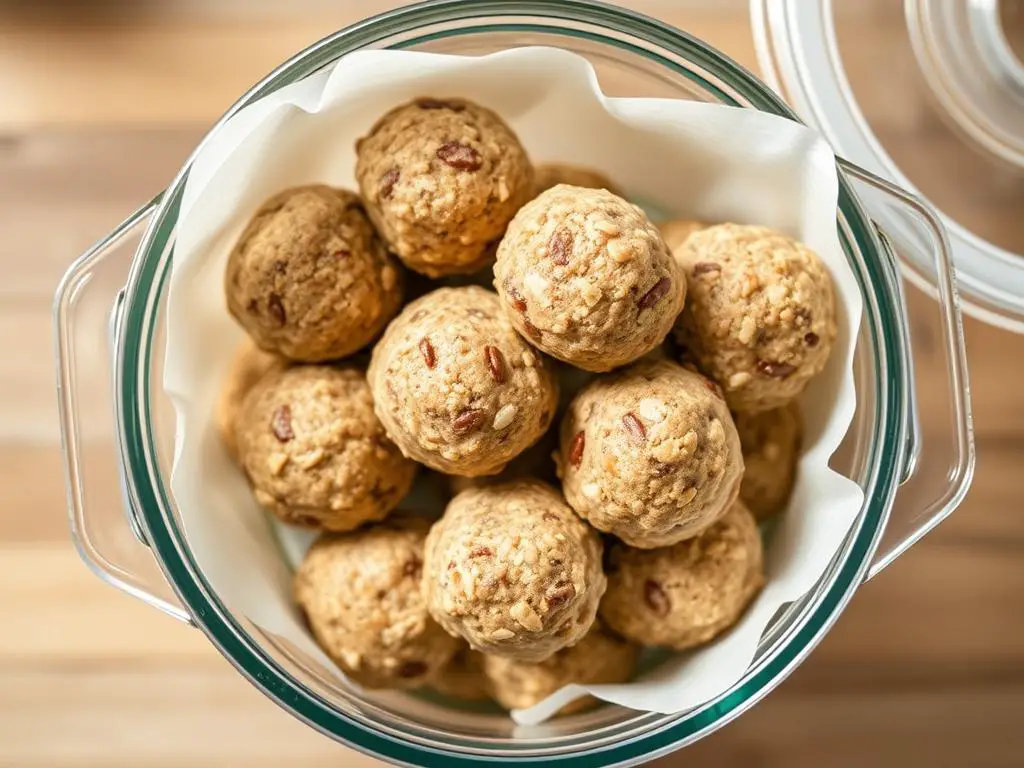 Energy balls stored in an airtight container with parchment paper between layers