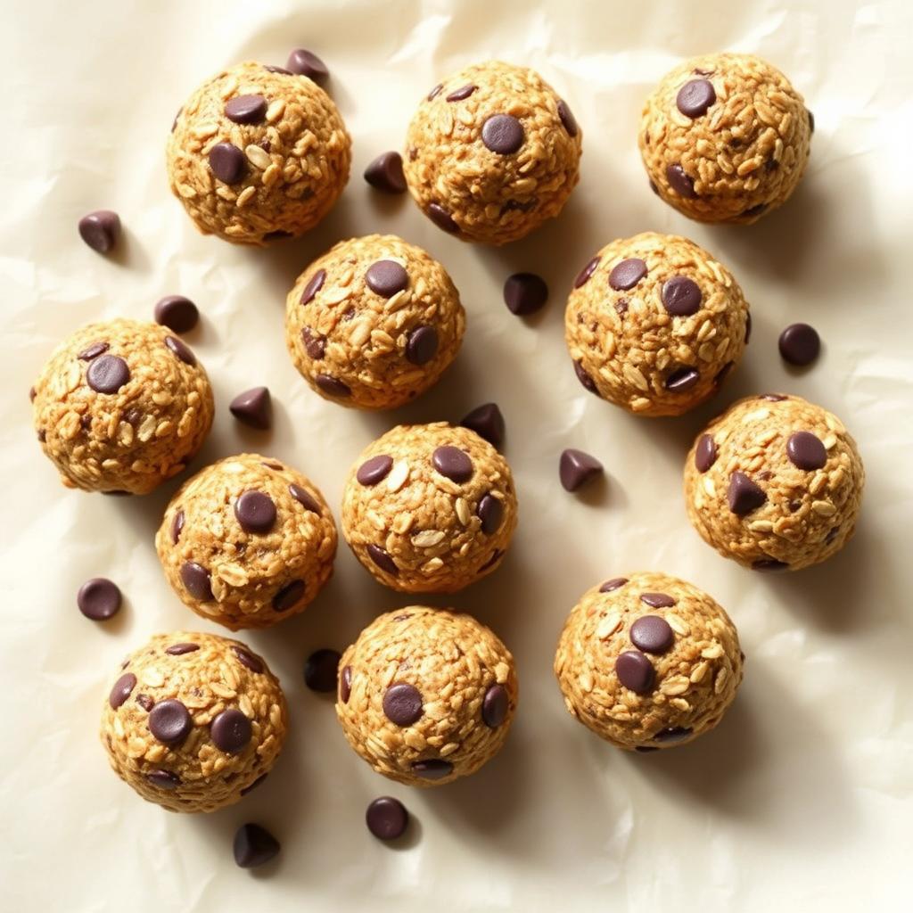 Finished 4-Ingredient No-Bake Chocolate Chip Protein Breakfast Balls on parchment paper Finished 4-Ingredient No-Bake Chocolate Chip Protein Breakfast Balls on parchment paper