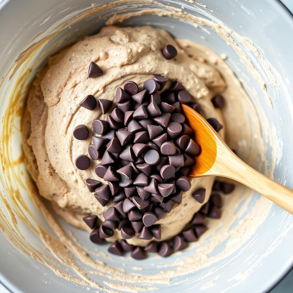 Folding in chocolate chips for 4-Ingredient No-Bake Chocolate Chip Protein Breakfast Balls Folding in chocolate chips for 4-Ingredient No-Bake Chocolate Chip Protein Breakfast Balls