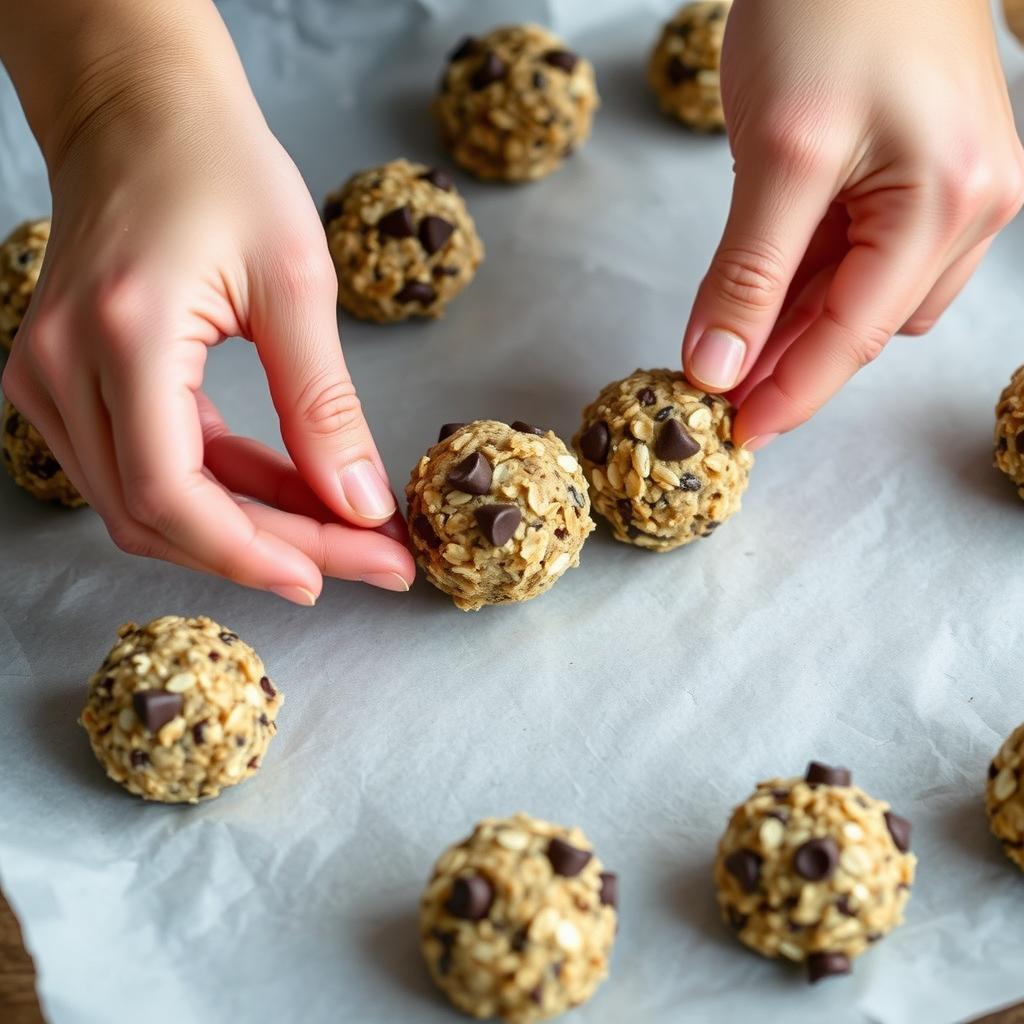 Hands rolling the energy ball mixture into uniform balls