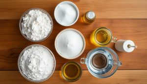 Ingredients for soft fluffy French bread recipe laid out on a wooden table