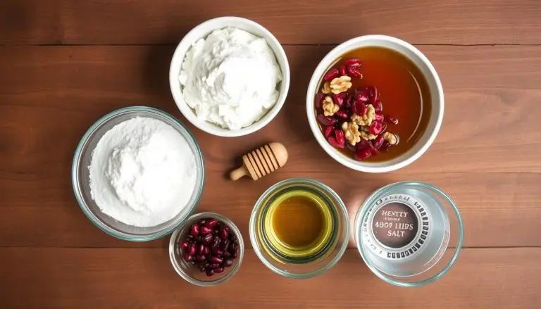 Ingredients laid out for Costco cranberry walnut bread recipe including flour, dried cranberries, walnuts, and honey