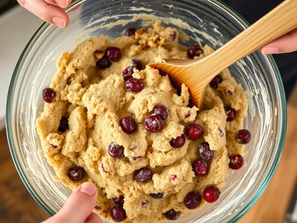 Mixing the Costco cranberry walnut bread dough in a large bowl Mixing the Costco cranberry walnut bread dough in a large bowl