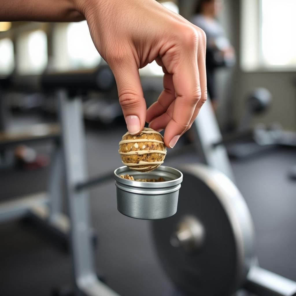 Person grabbing an energy ball before workout with gym equipment in background