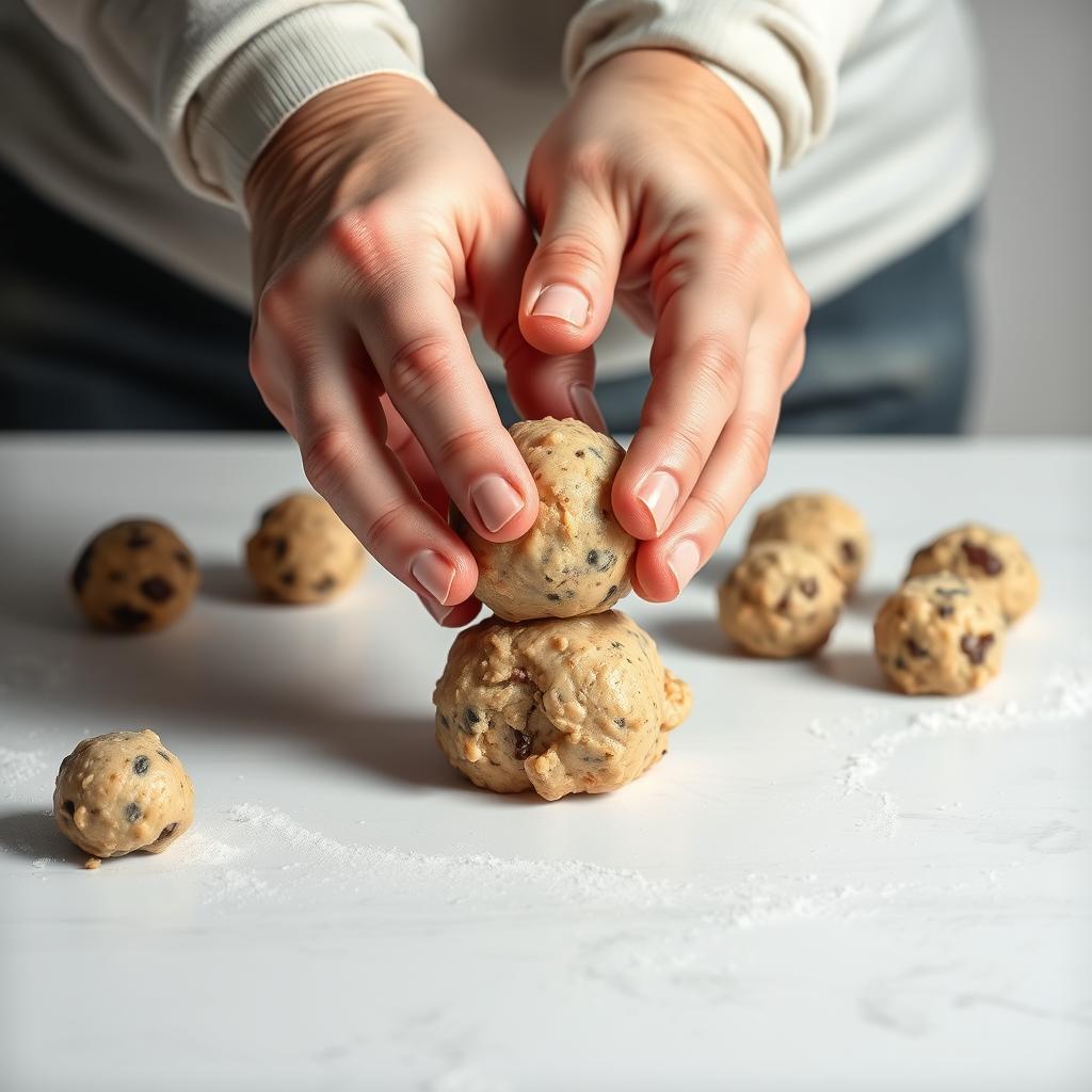 Rolling the mixture into balls for 4-Ingredient No-Bake Chocolate Chip Protein Breakfast Balls Rolling the mixture into balls for 4-Ingredient No-Bake Chocolate Chip Protein Breakfast Balls