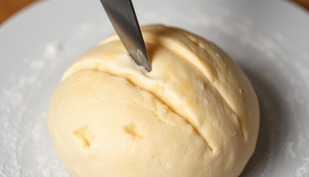 Scoring the top of soft fluffy French bread before baking Scoring the top of soft fluffy French bread before baking