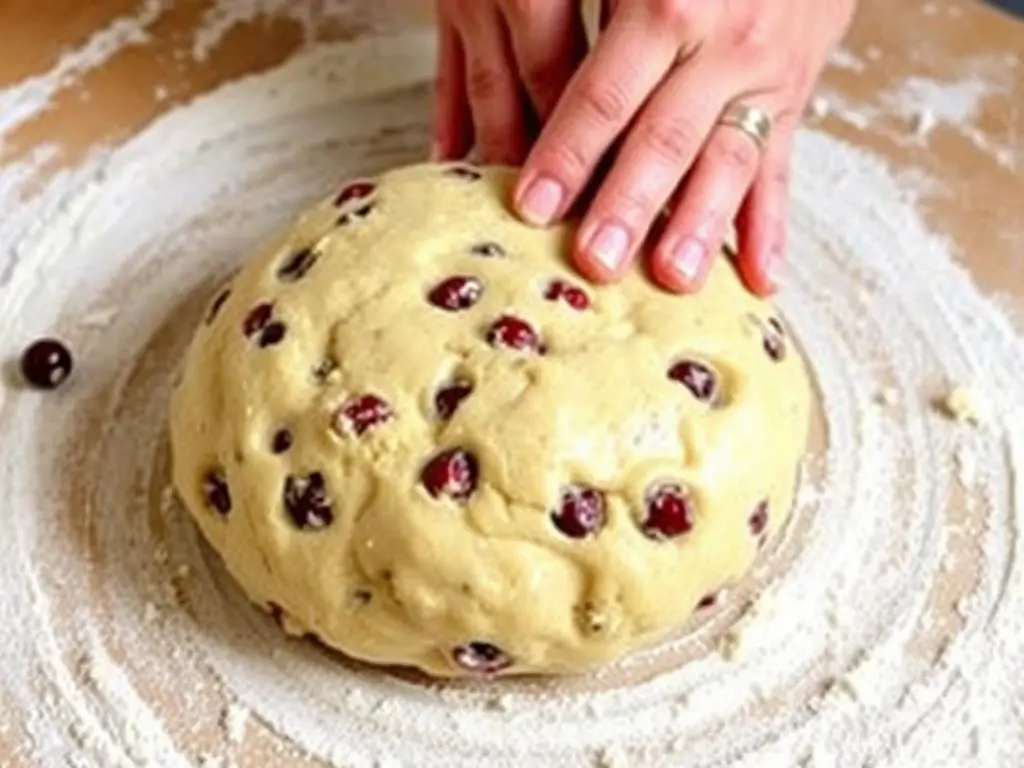 Shaping the Costco cranberry walnut bread dough on a floured surface Shaping the Costco cranberry walnut bread dough on a floured surface