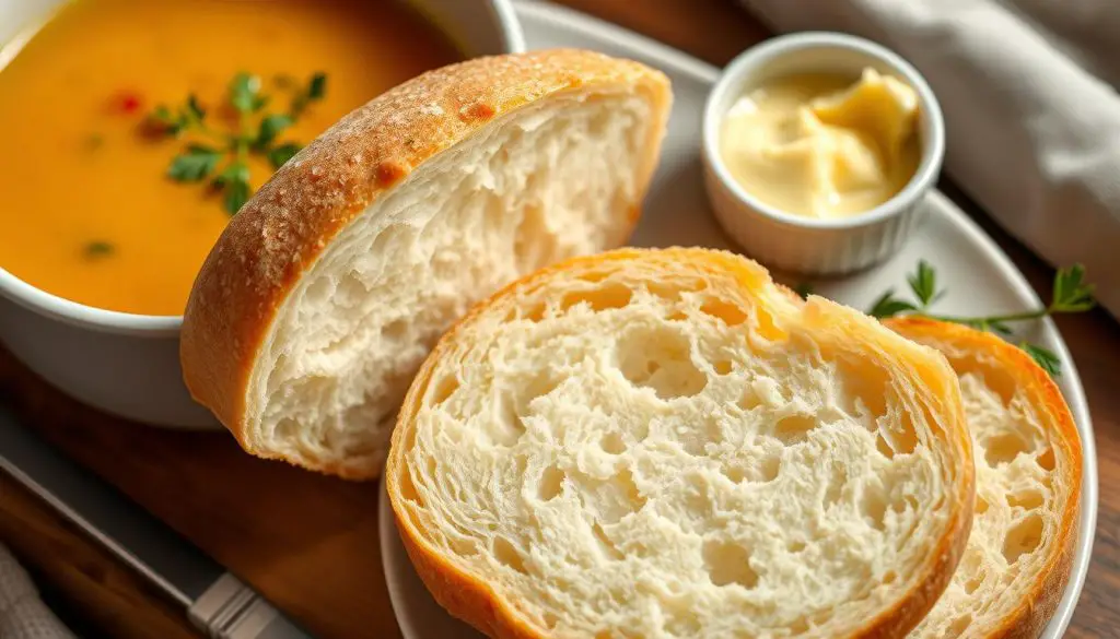Soft fluffy French bread served with soup and butter Soft fluffy French bread served with soup and butter