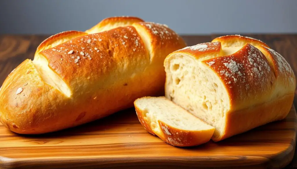 Two loaves of soft fluffy French bread on a wooden cutting board Two loaves of soft fluffy French bread on a wooden cutting board