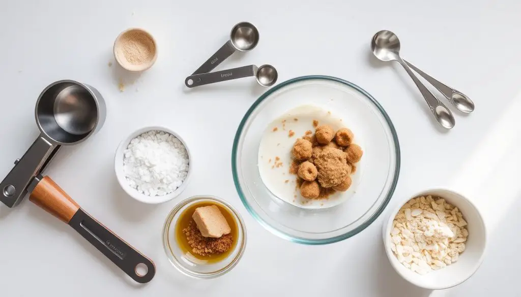 Various tools for making energy balls including a cookie scoop and measuring cups