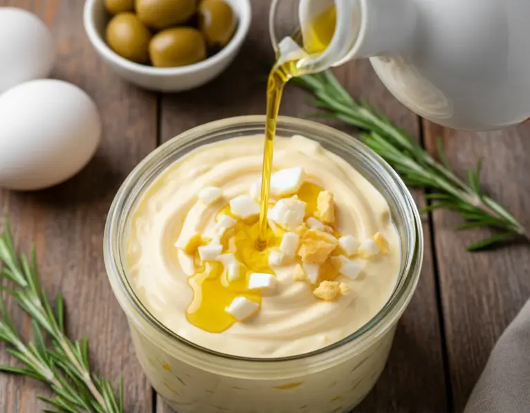 Homemade High-Protein Mayo with Eggs, Olive Oil, and Vinegar