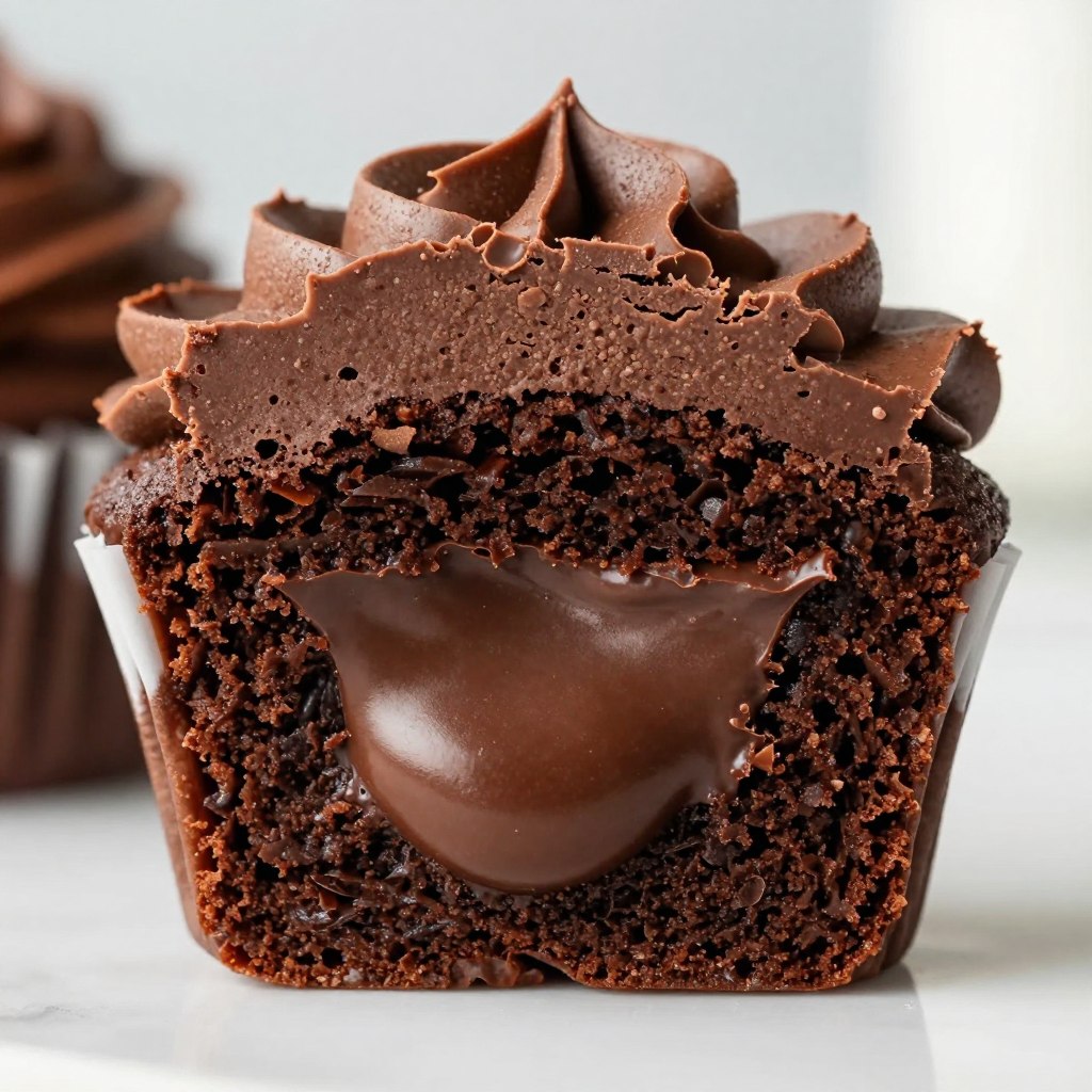 Cross-section of Death By Chocolate Cupcakes showing ganache filling inside