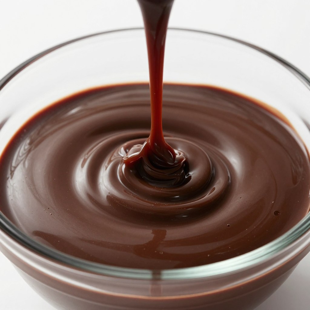 Dark chocolate ganache being poured from bowl, glossy and smooth texture