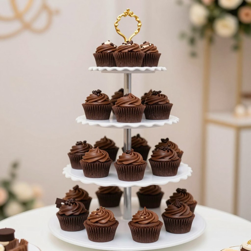 Death By Chocolate Cupcakes displayed on tiered stand at party