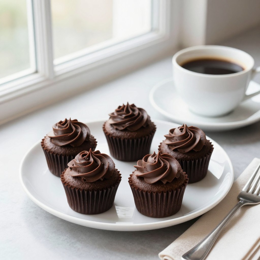 Death By Chocolate Cupcakes served on plate with coffee cup