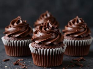 Death By Chocolate Cupcakes topped with chocolate frosting and chocolate shavings
