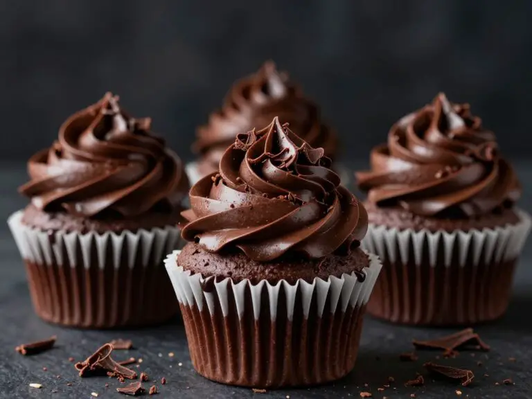 Death By Chocolate Cupcakes topped with chocolate frosting and chocolate shavings