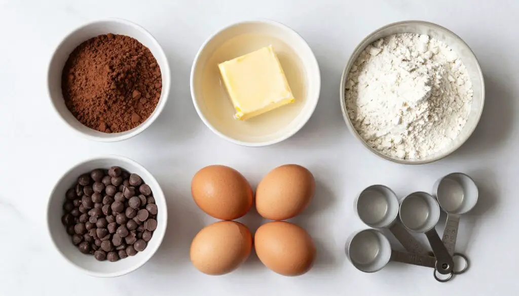 Ingredients for Death By Chocolate Cupcakes laid out on counter including cocoa powder, chocolate chips, butter, and eggs