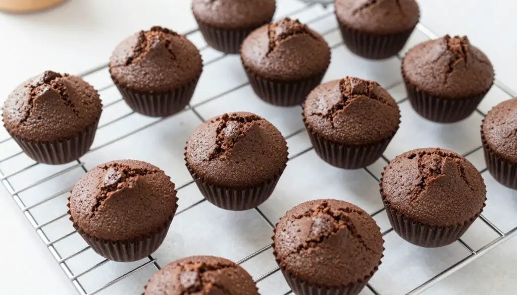 Perfectly baked Death By Chocolate Cupcakes cooling on wire rack