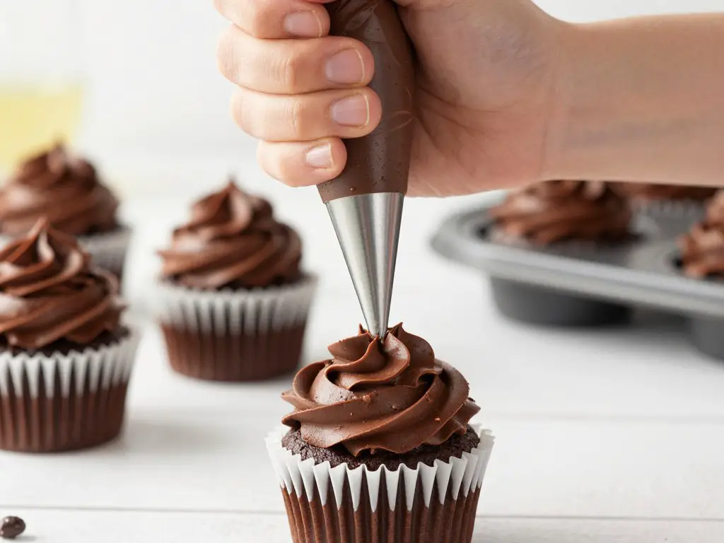 Piping chocolate buttercream frosting onto Death By Chocolate Cupcakes