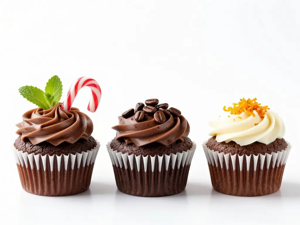 Three different variations of Death By Chocolate Cupcakes with different toppings