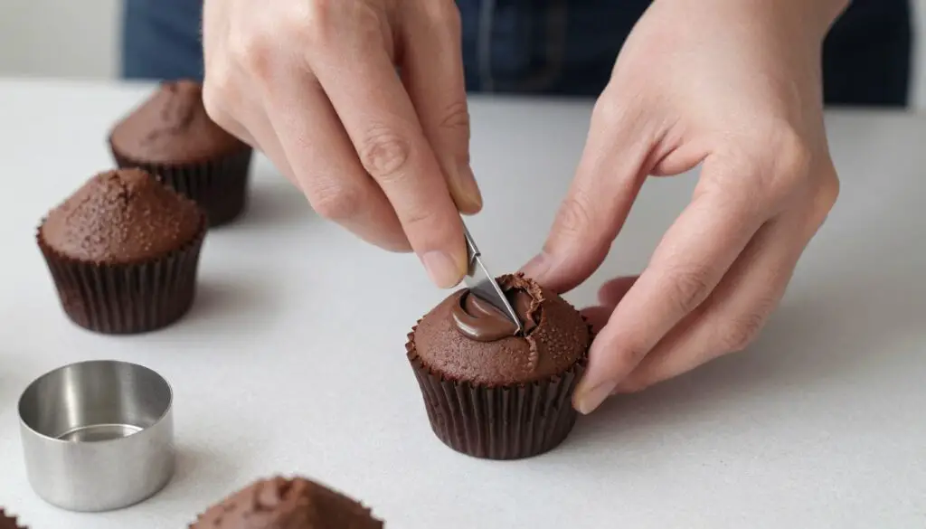 Using a cupcake corer to remove center from chocolate cupcake