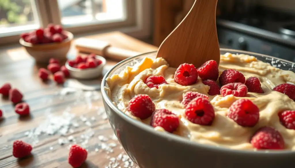 folding raspberries into muffin batter