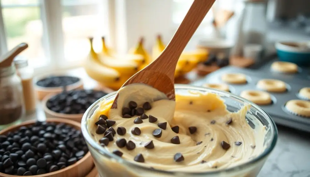 mixing batter for mini banana chocolate chip muffins